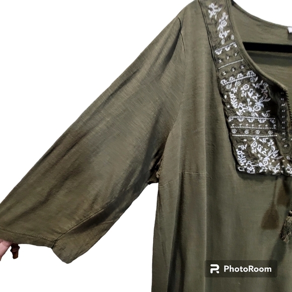 WESTPORT 2X Cotton Blend Olive Green Boho 3/4 Sleeve Embroidered Tassle V Neck - Picture 4 of 6